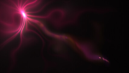 Magenta red color glowing bright light with optical lens flares on black background
