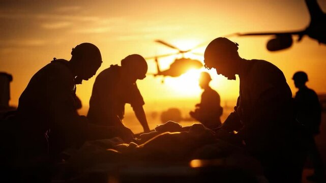 Sunset Battlefield Aid: Silhouette of a medical team providing urgent care to a fallen soldier, bathed in the warm, somber light of a setting sun, with a helicopter in the distance.