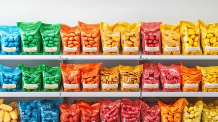 Vibrant and colorful display of various candy snacks and other packaged food products lining the shelves of a supermarket aisle