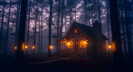 Enchanting Cabin Retreat Lit By Lanterns Amidst Twilight Forest Scenery