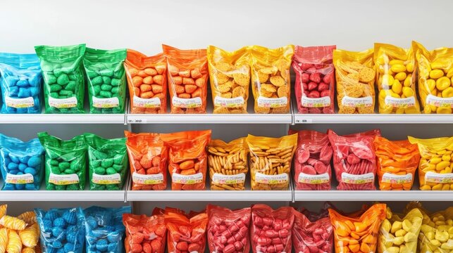 Vibrant and colorful display of various candy snacks and other packaged food products lining the shelves of a supermarket aisle