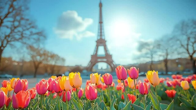 Colorful tulips in bloom with the Eiffel Tower in the background. Bright blue sky and soft clouds enhance the spring atmosphere.