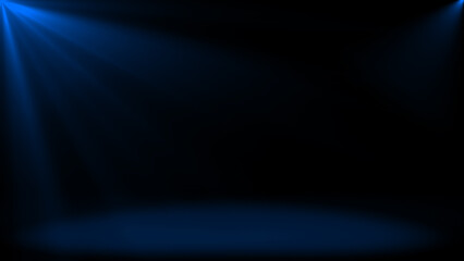 Abstract shinny light rays falling on floor, Royal blue optical flares dark background