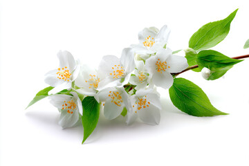 a branch of white flowers with green leaves