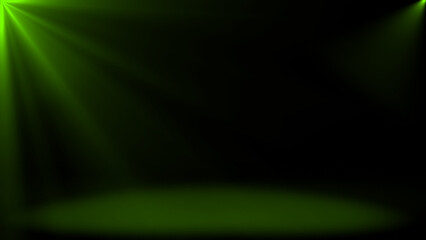 Abstract shinny light rays falling on floor, lime green optical flares dark background