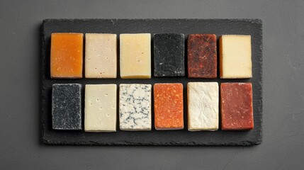 Creative Display of Diverse Cheese Varieties Showcasing Their Calcium Levels Artfully Arranged on a Rustic Slate Board