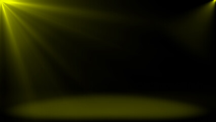 Abstract shinny light rays falling on floor, Yellow optical flares dark background