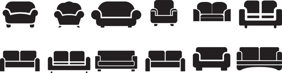 Diverse collection of modern and classic sofa and armchair silhouette icons, perfect for furniture stores, interior design projects, home decor and comfortable living space concepts.