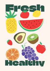 creative fun poster with fruit hand drawing illustration. colorful poster or banner for you shop or celebrate summer and farming