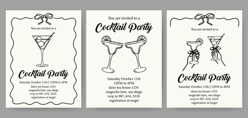 Hand drawn cocktail party invitation set. Vintage vector line illustrations for celebration, event, bar menu, or party decor.