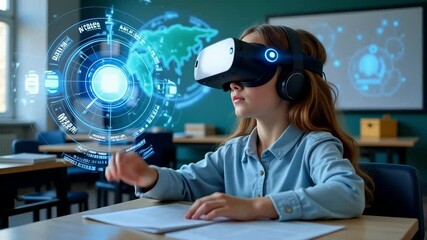 Engaging child explores virtual reality learning in classroom setting with interactive 3D visuals - Powered by Adobe