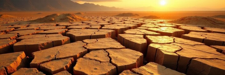 Sunbaked, cracked earth; extensive network of deep fissures , red earth, ecological crisis