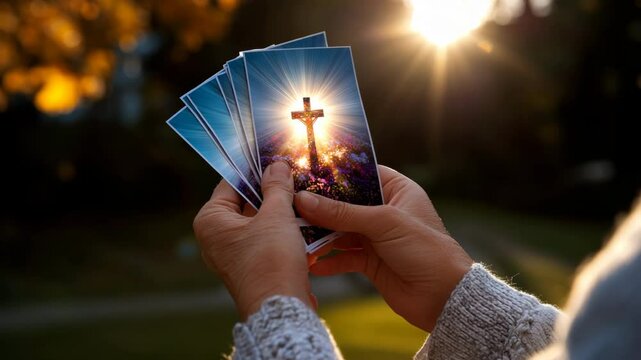 Hands display flyers with cross artwork backlit by sunset, Christian outreach material in warm light