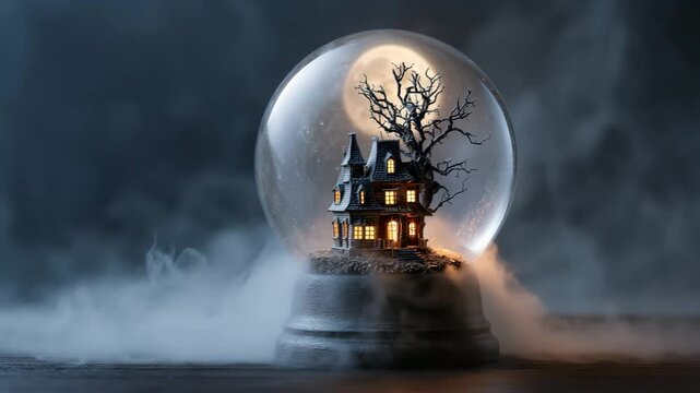 Haunted house and dead tree trapped inside glass globe under eerie moonlit fog, dark Halloween scene