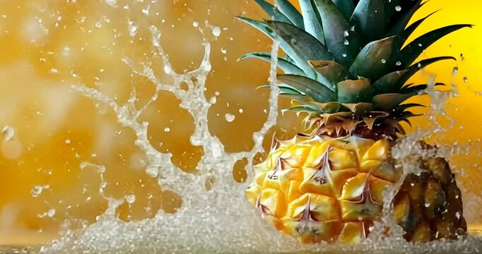 Pineapple with water splash with yellow background. Close-up shot of a pineapple with water drops and splash