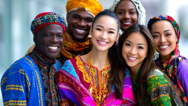 Diverse friends in colorful attire smile together, representing inclusion and cultural unity