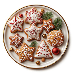 A Christmas cookie tray with assorted cookies (stars, trees, bells), 3D top view, warm baked texture. ultra realistic photography, soft shadows, high detail, pure white background