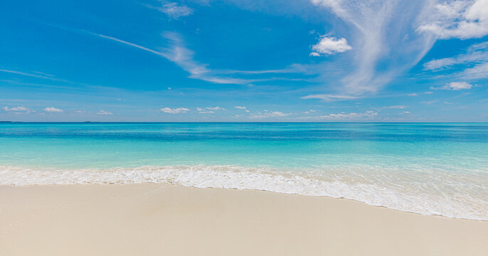 Sunny blue sky sea. Scene tropical beach seascape soft sand closeup, tranquil summer travel vacation backgrounds. Vibrant warm panoramic scene paradise relaxation. Calm waves peaceful nature landscape