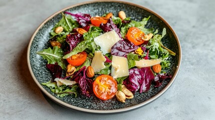 A vibrant and appetizing salad featuring a variety of fresh greens crumbled cheese and crunchy nuts arranged beautifully on a pristine plate