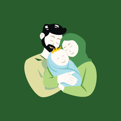 Islamic family with father, mother, holding and cuddle their newborn baby. Muslim family and parent day vector illustration