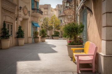 Fototapeta premium charming europeanstyle street cafe with colorful benches and single lantern as focal point
