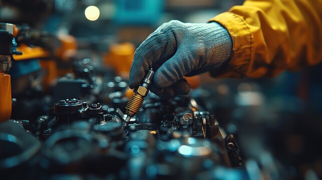 Mechanic's gloved hand fixing engine part in workshop