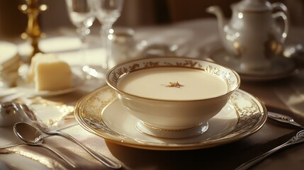 Elegant fine dining setting with a porcelain soup bowl filled with creamy soup on a matching plate, surrounded by silverware and vintage tea set in warm lighting