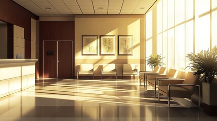 Fototapeta premium Modern hospital waiting room interior design with chairs and plants and sunlight streaming in windows