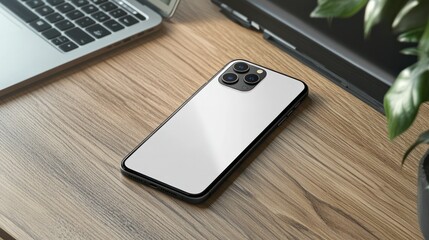 Modern smartphone with triple camera setup placed on wooden desk next to laptop and potted plant in a bright office environment for technology and communication themes