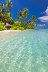 Scenic tropical beach paradise on exotic island. Relaxing palm trees sunny sea sand sky. Luxury summer vibes perfect travel destination for honeymoon coastal adventures. Majestic best tourism nature