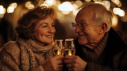 Joyful elderly couple toasting with champagne glasses in festive ambiance.
