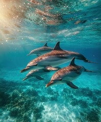 Obraz premium a small pod of dolphins underwater