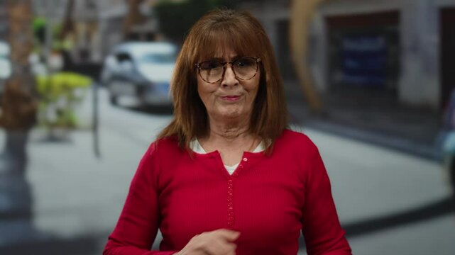 Senior hispanic woman in glasses wearing red shirt stands on city street outdoors, pointing finger with serious expression amidst urban cars and background.