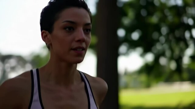 Determined adult woman with a pixie haircut runs outdoors in a park setting during daytime. She wears a sports tank top.