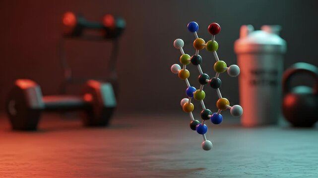 Colorful Molecular Structure With Fitness Equipment In Dim Lighting