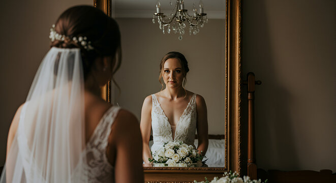 Bride in wedding dress looking in mirror