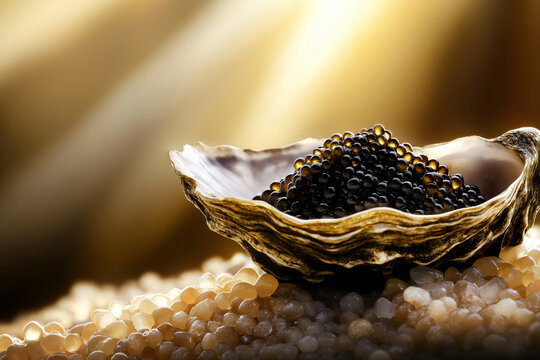 Close-up of a gourmet oyster topped with pearls of black caviar.