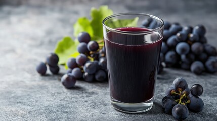 Refreshing glass of freshly squeezed dark grape juice served on stone surface surrounded by ripe purple grapes and green leafy garnish for healthy beverage