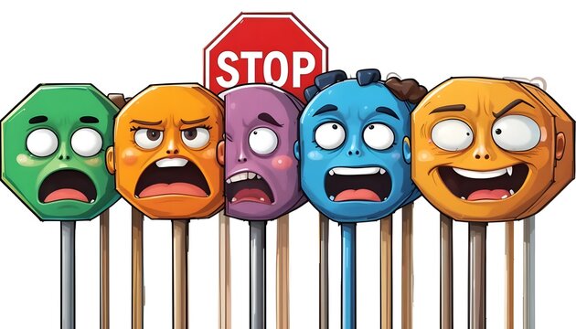 Cartoon Stop Signs with Expressive Faces A whimsical illustration featuring anthropomorphic stop signs displaying a range of emotions, from fear to anger and joy