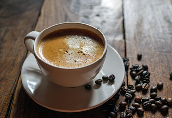 Coffee cup and coffee beans on wooden table, Espresso Crema coffee cup aromatic