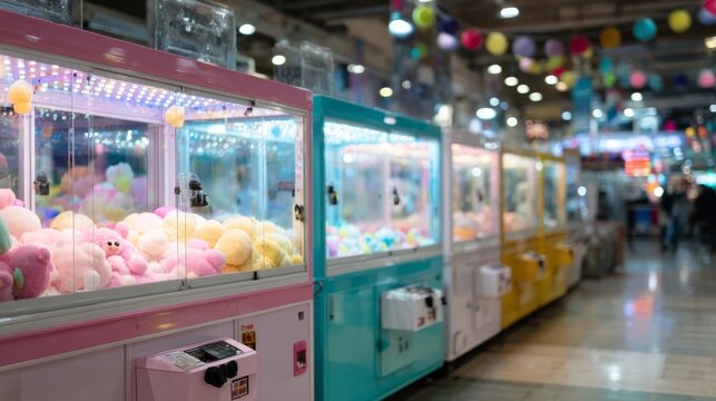 Lowangle shot of vibrant retro arcade claw machines glowing with colorful led lights in a lively game hall, creating an exciting and immersive atmosphere with blurred background