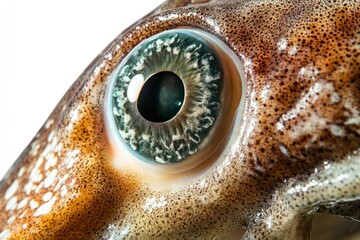 Close-up of a fish eye with detailed textures and vibrant colors showing the intricate patterns of the eye and surrounding skin in high resolution