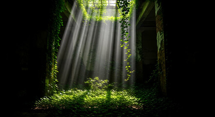 Obraz premium Rays Of Light In An Abandoned Place With Green Plants