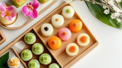 Assorted colorful traditional Japanese mochi and wagashi sweet desserts with floral decorations on wooden tray and green leaves for celebration and festival enjoyment