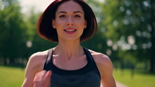 A young woman with short, dark hair, dressed in athletic wear including a sports bra and smartwatch, runs energetically towards the viewer in a sunlit park setting with green trees and a clear path.