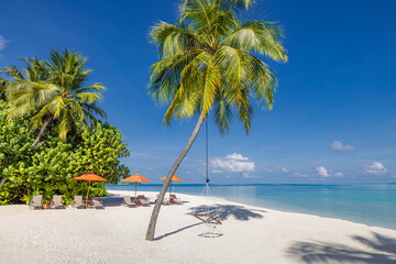 Inspire tropical beach resort pool palm trees chairs umbrellas leisure tourism sunny blue sky. Stunning sea view beach landscape. Summer vacation amazing coastal relaxation. Closeup sunshine sand wave