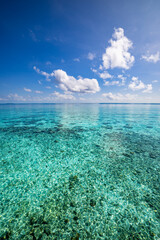 Breathtaking tropical ocean seascape sunny blue sky fluffy clouds. Amazing horizon sea view. Tranquil serene nature scenes travel inspiration relaxing coastal background. Summer nature, Earth panorama