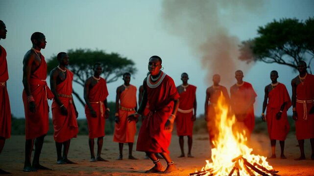 Maasai men perform traditional dance around a fire in Kenya and Tanzania with lively jumps and rhythm