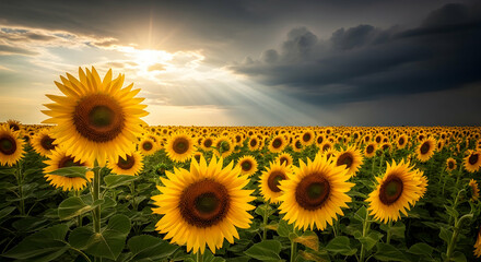 Fototapeta premium Sunflowers Under Contrasting Skies at Dusk With Golden Hour Rays