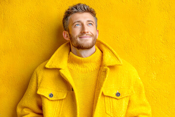Young man in bright yellow coat smiling against vibrant yellow wall with cheerful ambiance